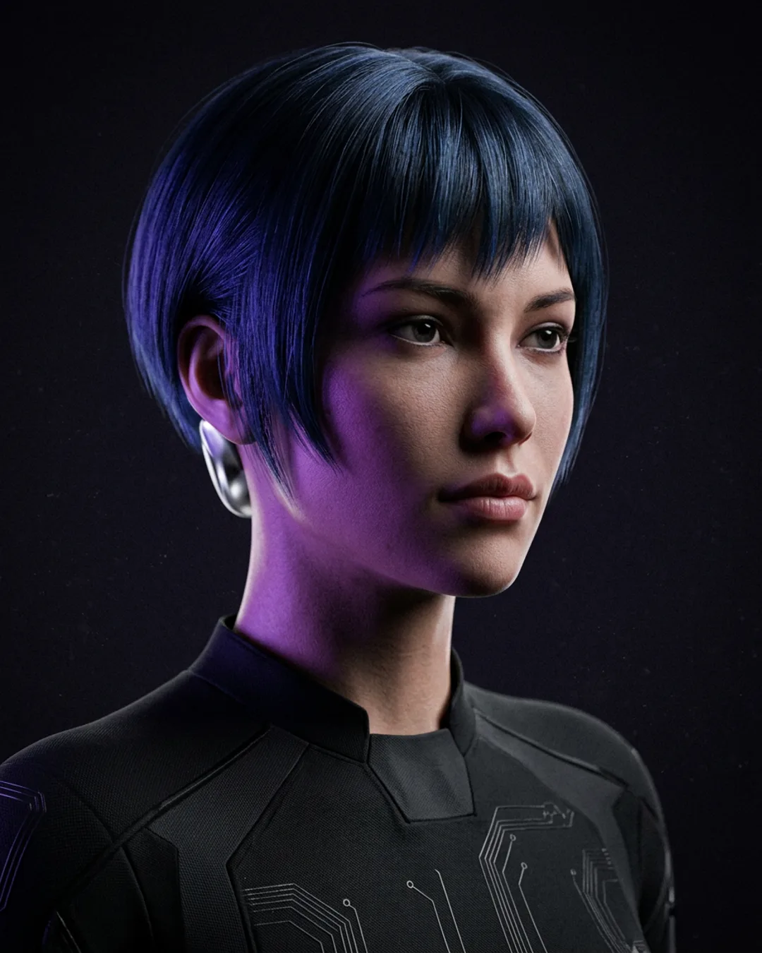 Editorial AI character portrait showing consistent studio look