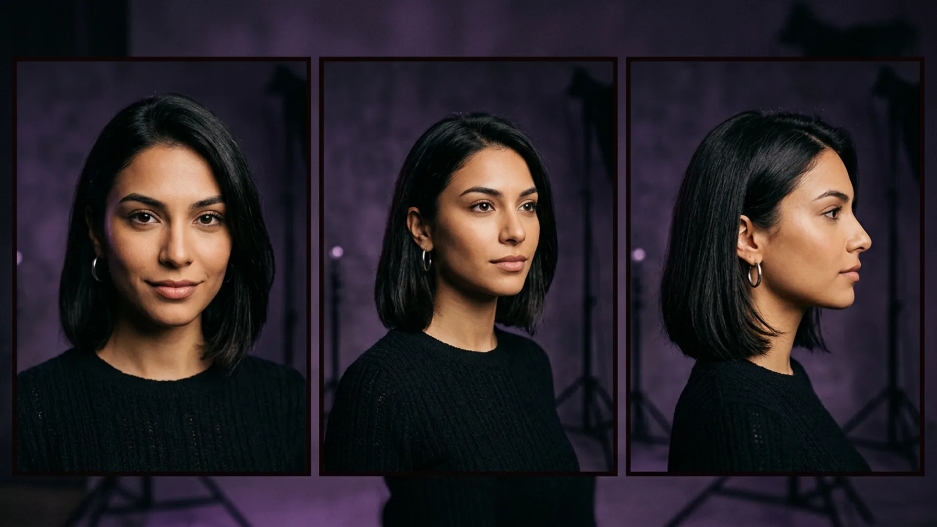 Three frames of the same AI character side by side showing zero drift
