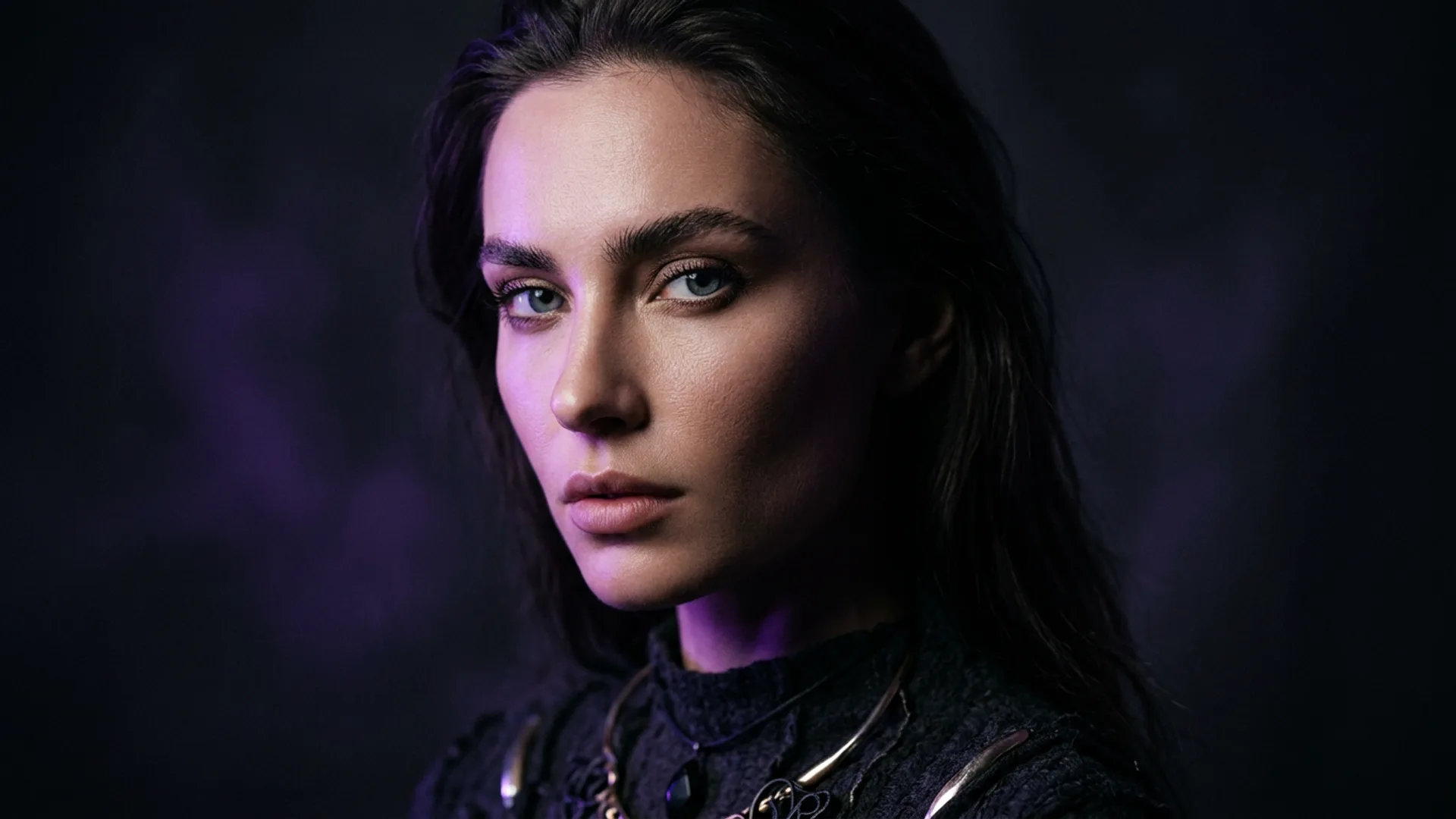 AI character face with violet studio lighting